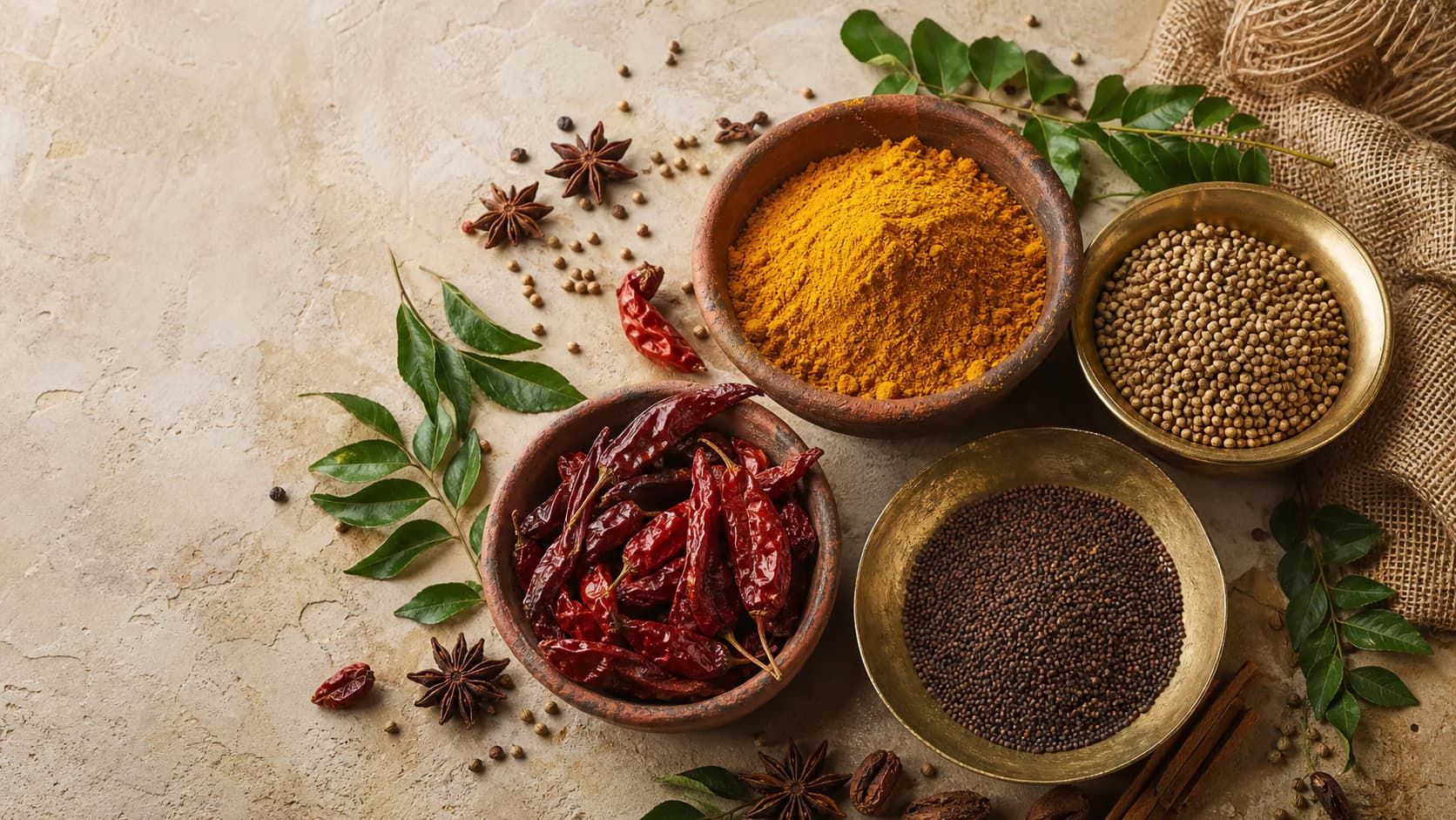 Bangladeshi spices, chillies and leaves arranged in handcrafted bowls