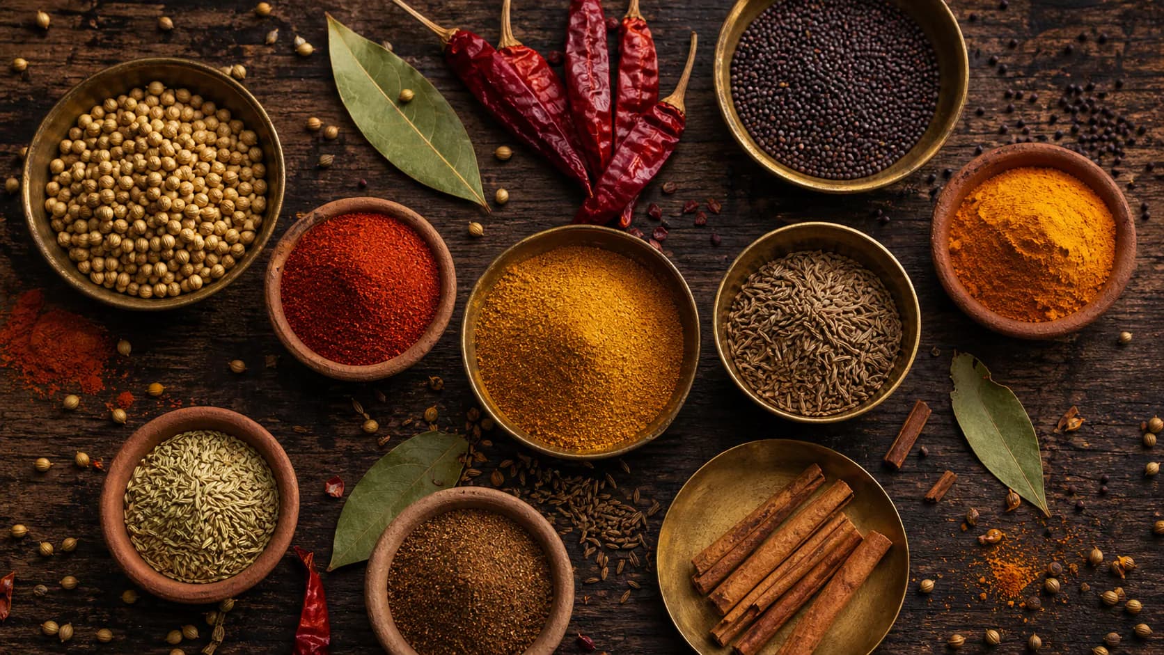 Bangladeshi spices arranged in brass and earthen bowls