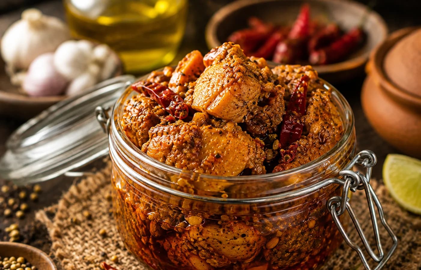 Achar-style spiced chicken with dried red chillies in a glass serving jar