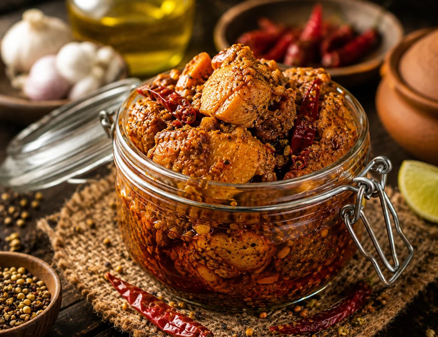 Achar-style spiced chicken with dried red chillies in a glass serving jar