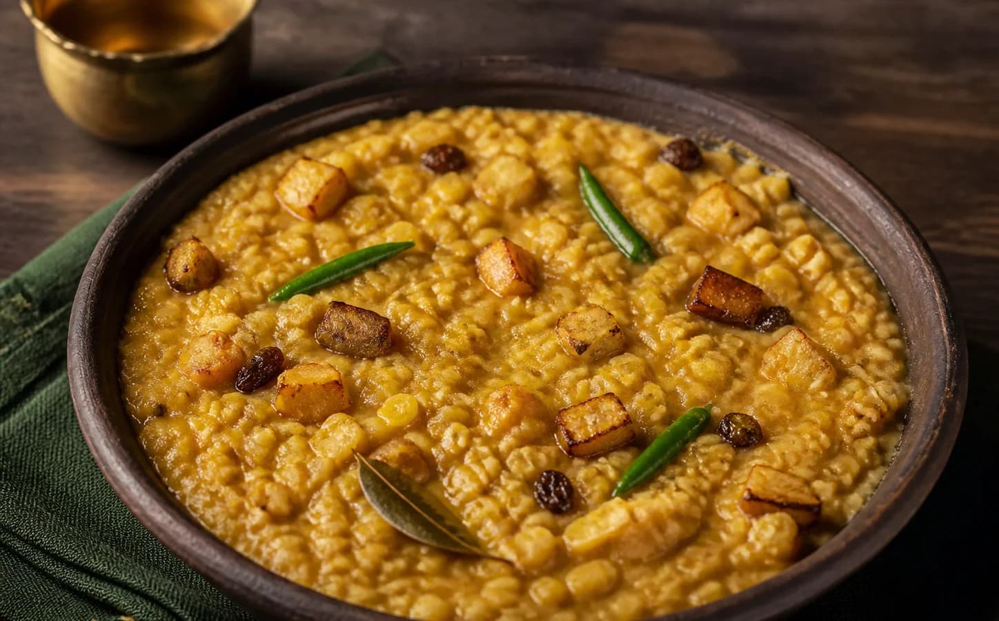 Thick golden split Bengal gram dal with fried coconut, raisins and green chillies