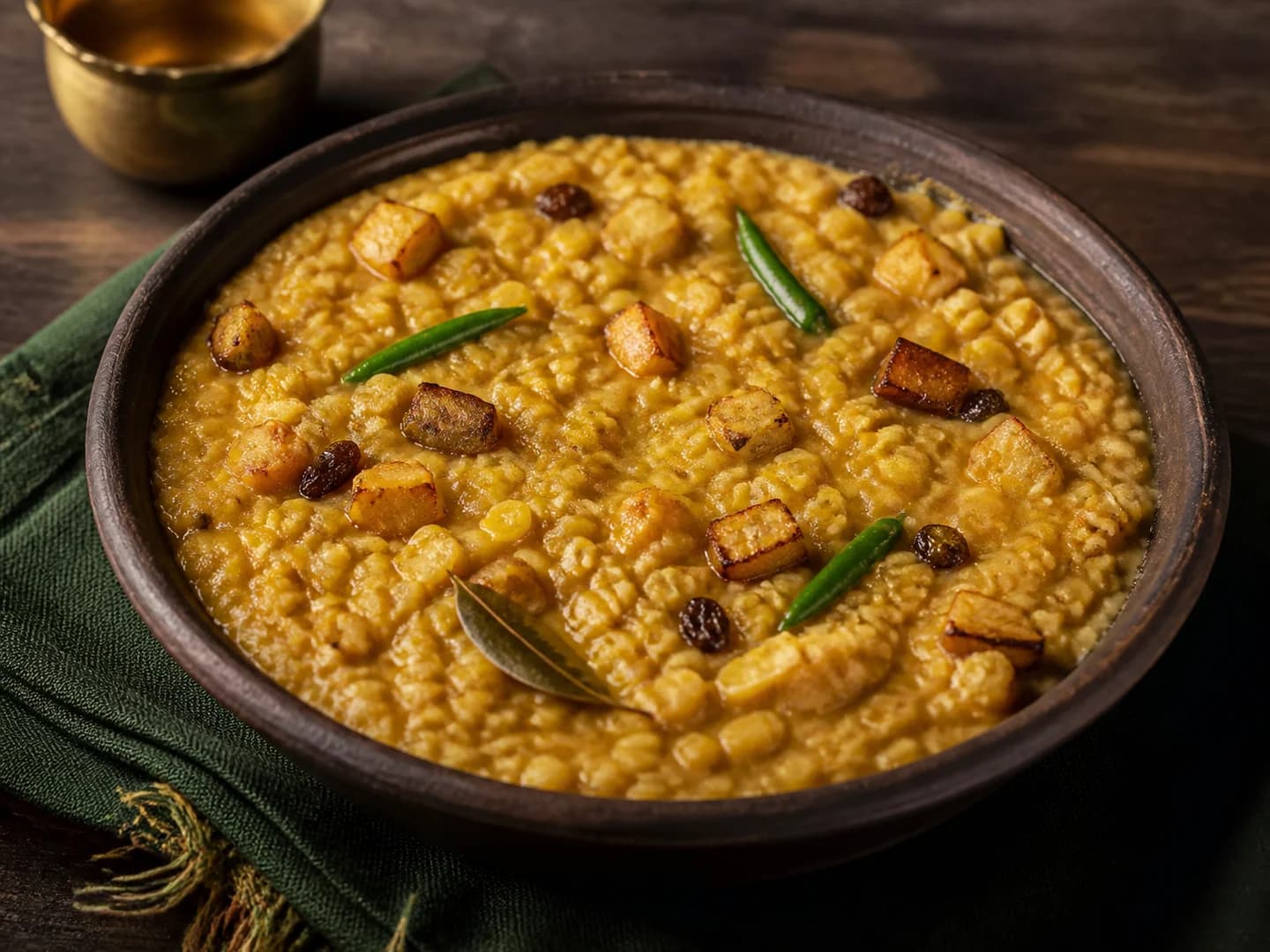 Thick golden split Bengal gram dal with fried coconut, raisins and green chillies