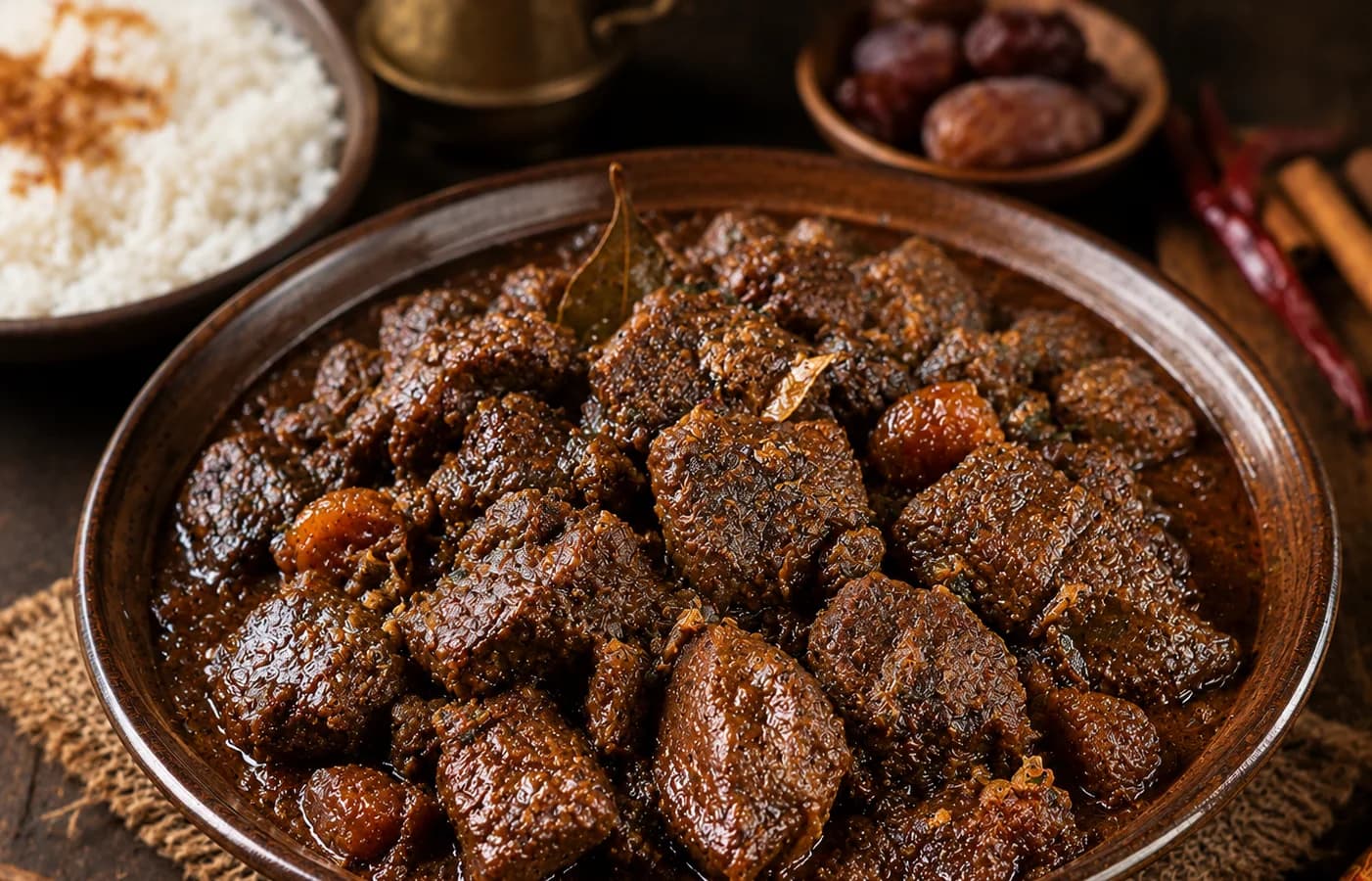 Dark glossy beef bhuna with dates and aromatic whole spices