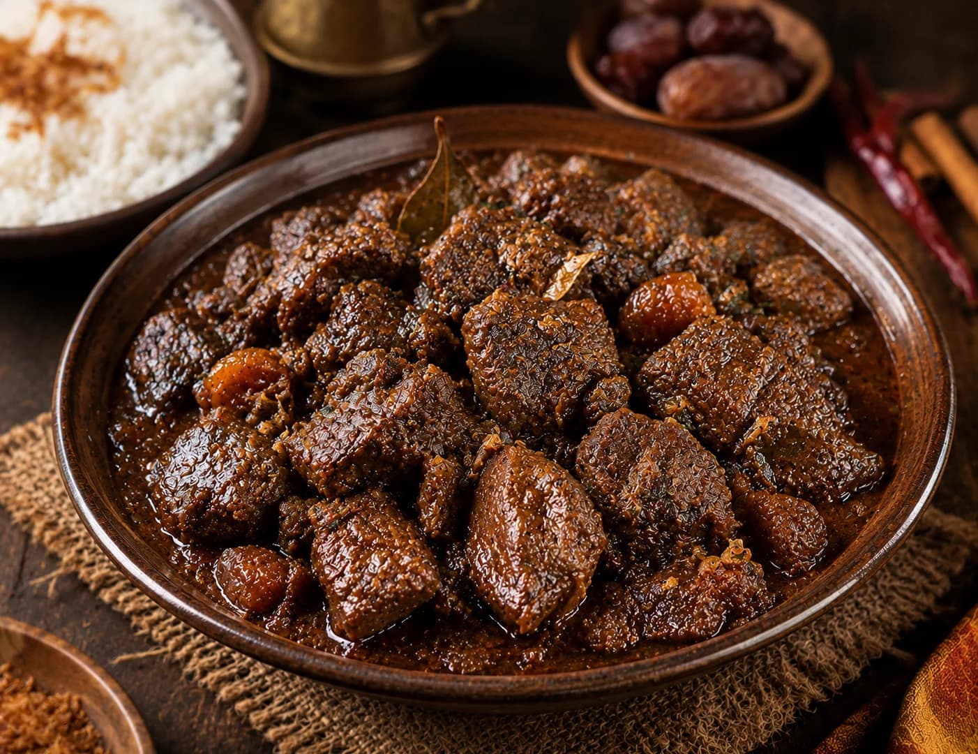 Dark glossy beef bhuna with dates and aromatic whole spices