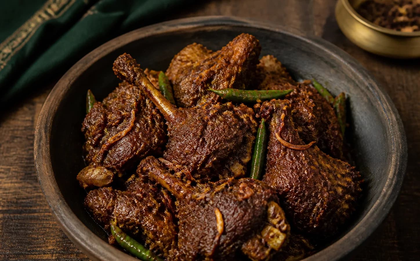 Dark, dry-style duck bhuna with green chillies in an earthenware bowl