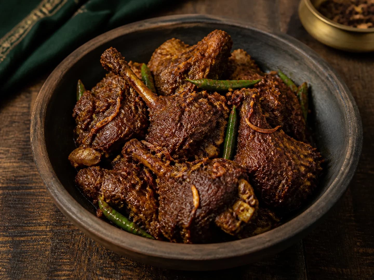 Dark, dry-style duck bhuna with green chillies in an earthenware bowl