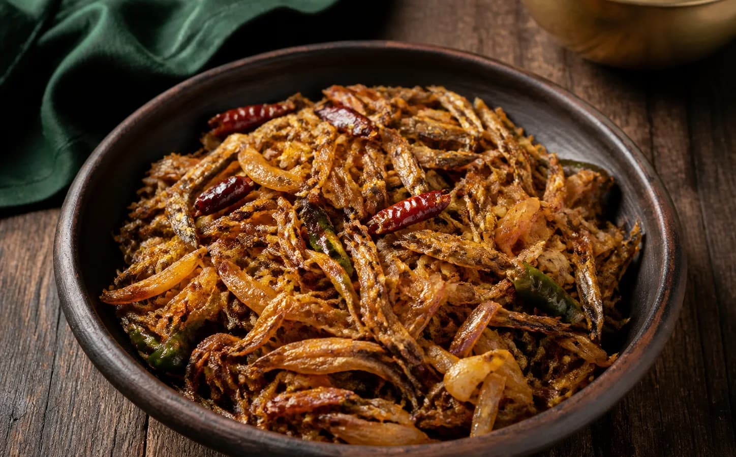 Dry loitta shutki bhuna with caramelized onions and chillies in an earthenware bowl