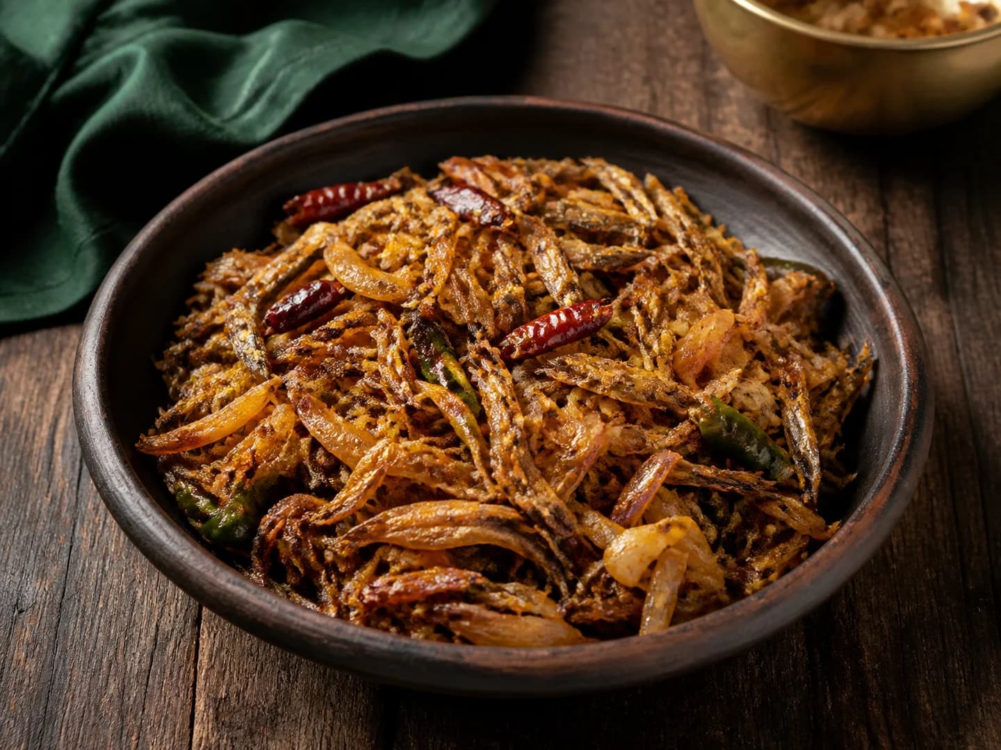 Dry loitta shutki bhuna with caramelized onions and chillies in an earthenware bowl