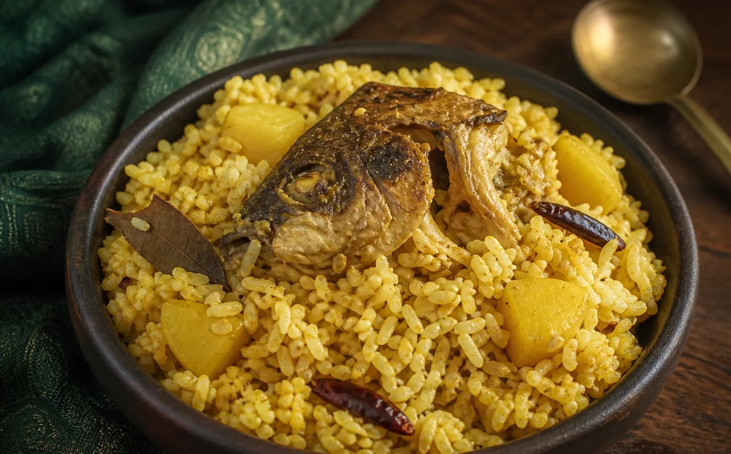 Muri Ghonto with aromatic rice, potato and fried rohu fish head