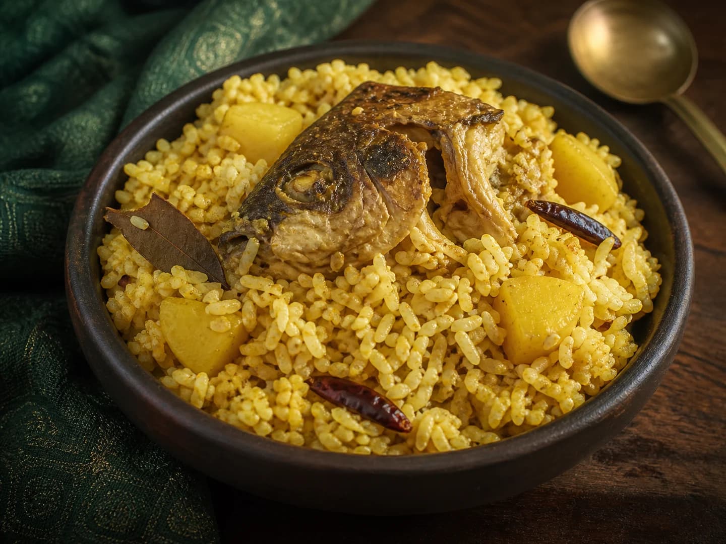 Muri Ghonto with aromatic rice, potato and fried rohu fish head