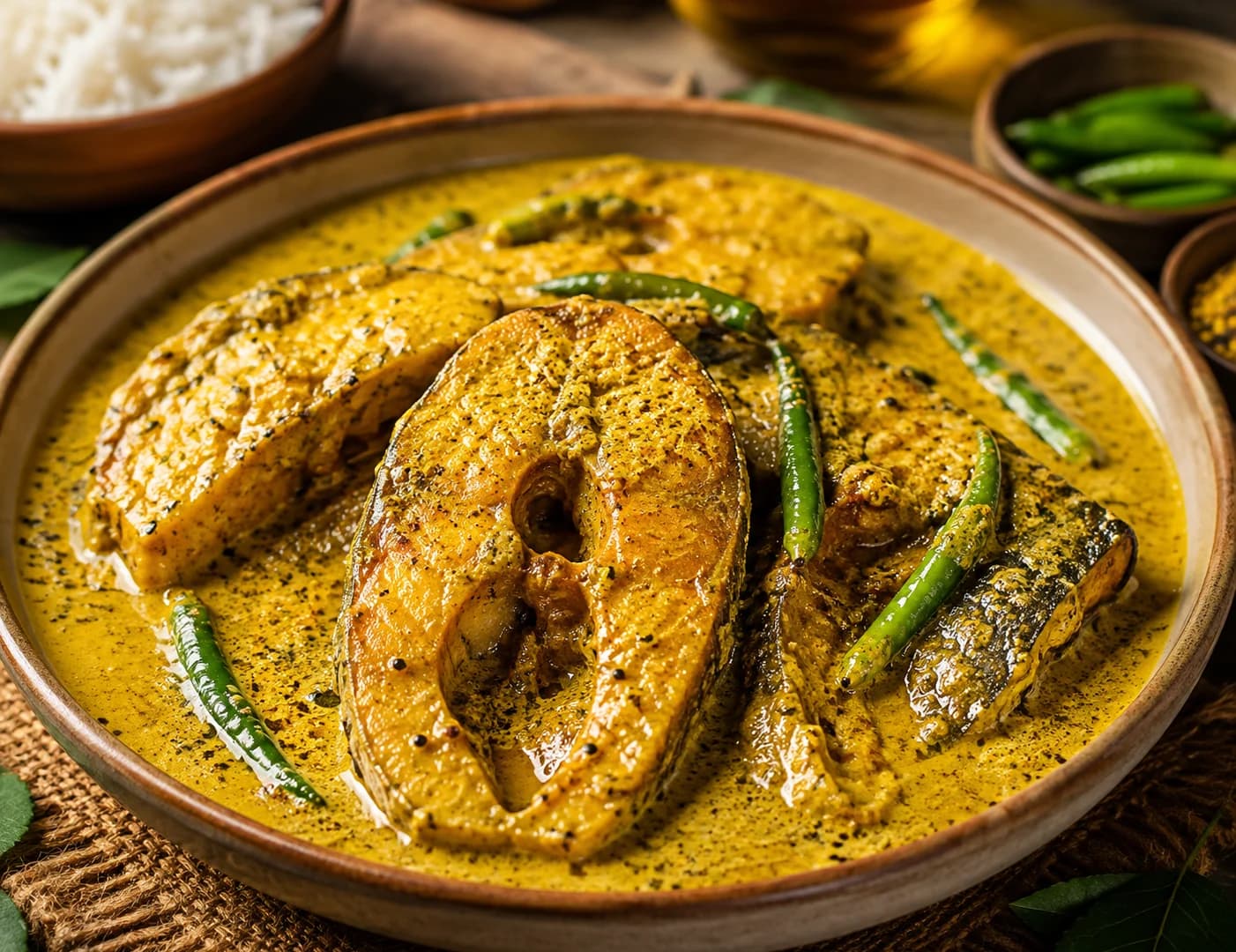 Rohu fish pieces in golden mustard gravy with green chillies
