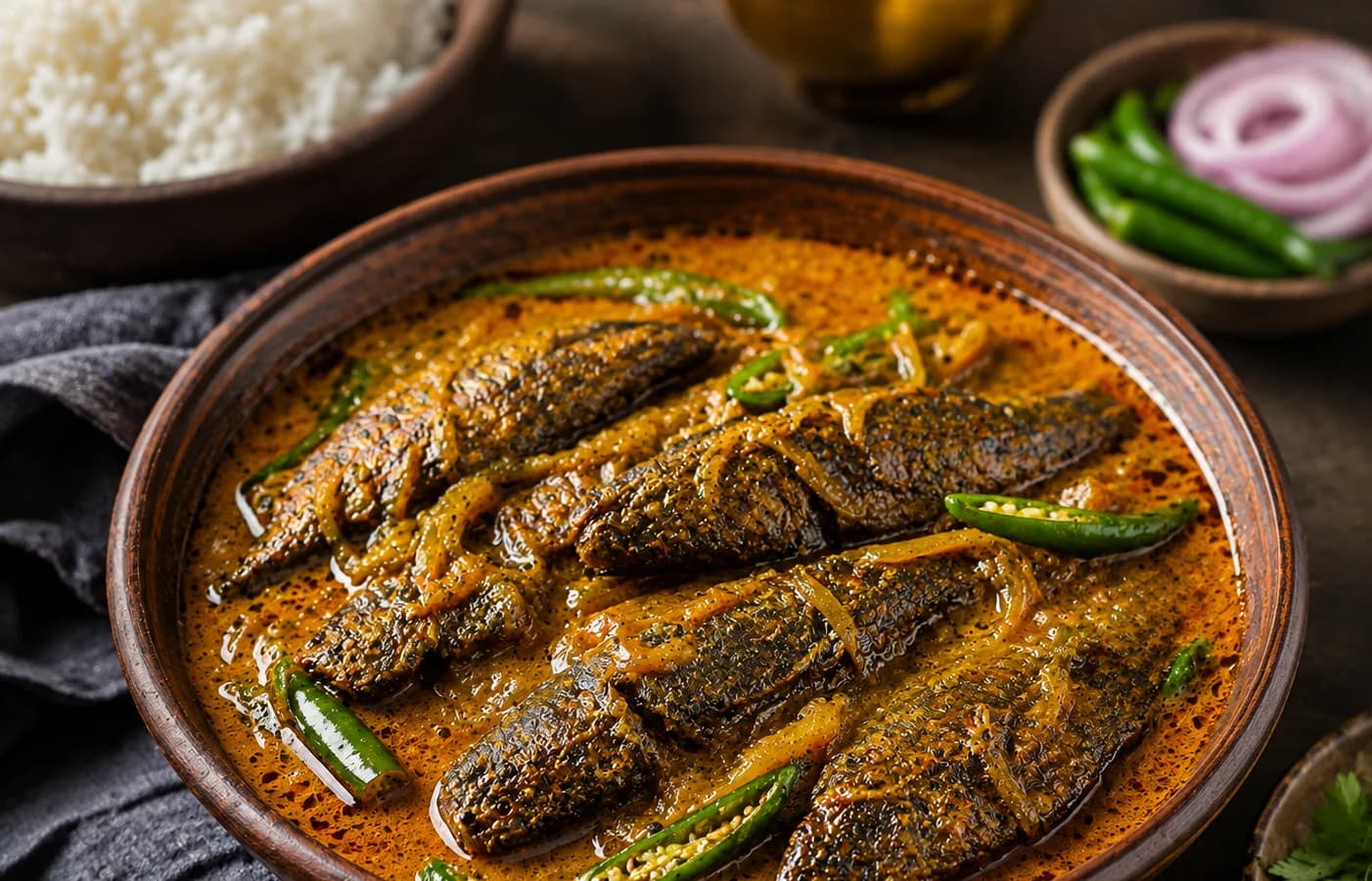 Koi fish in a mustard-oil gravy with green chillies