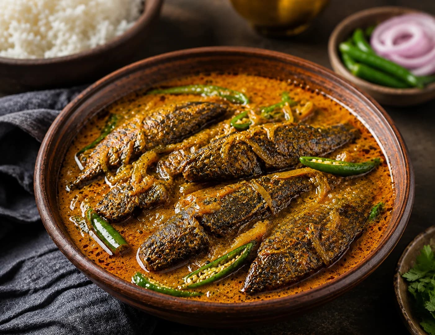 Koi fish in a mustard-oil gravy with green chillies
