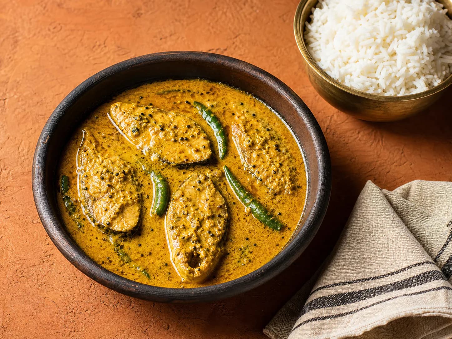 Shorisha ilish served in a traditional dark earthen bowl