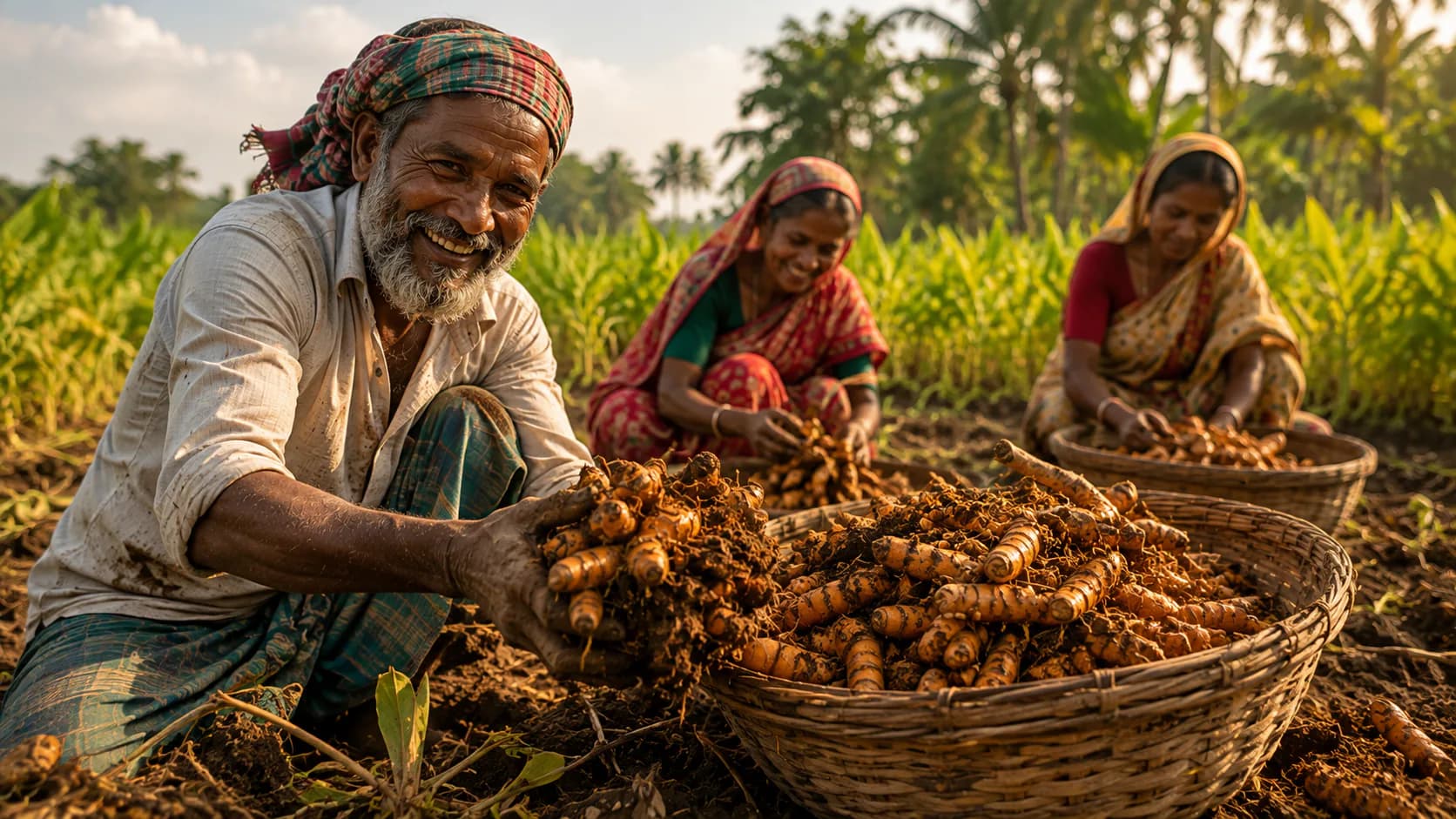 A farmer lifting fresh turmeric rhizomes beside a harvest basket