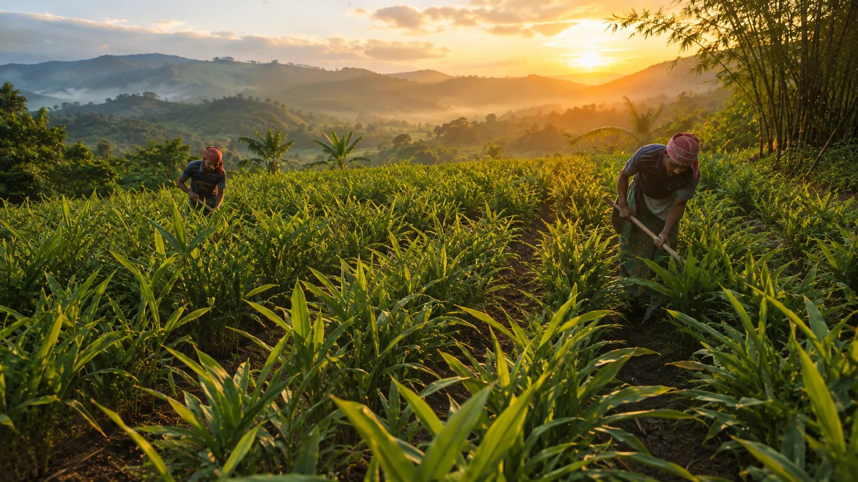 Green ginger plants covering a hillside at sunrise