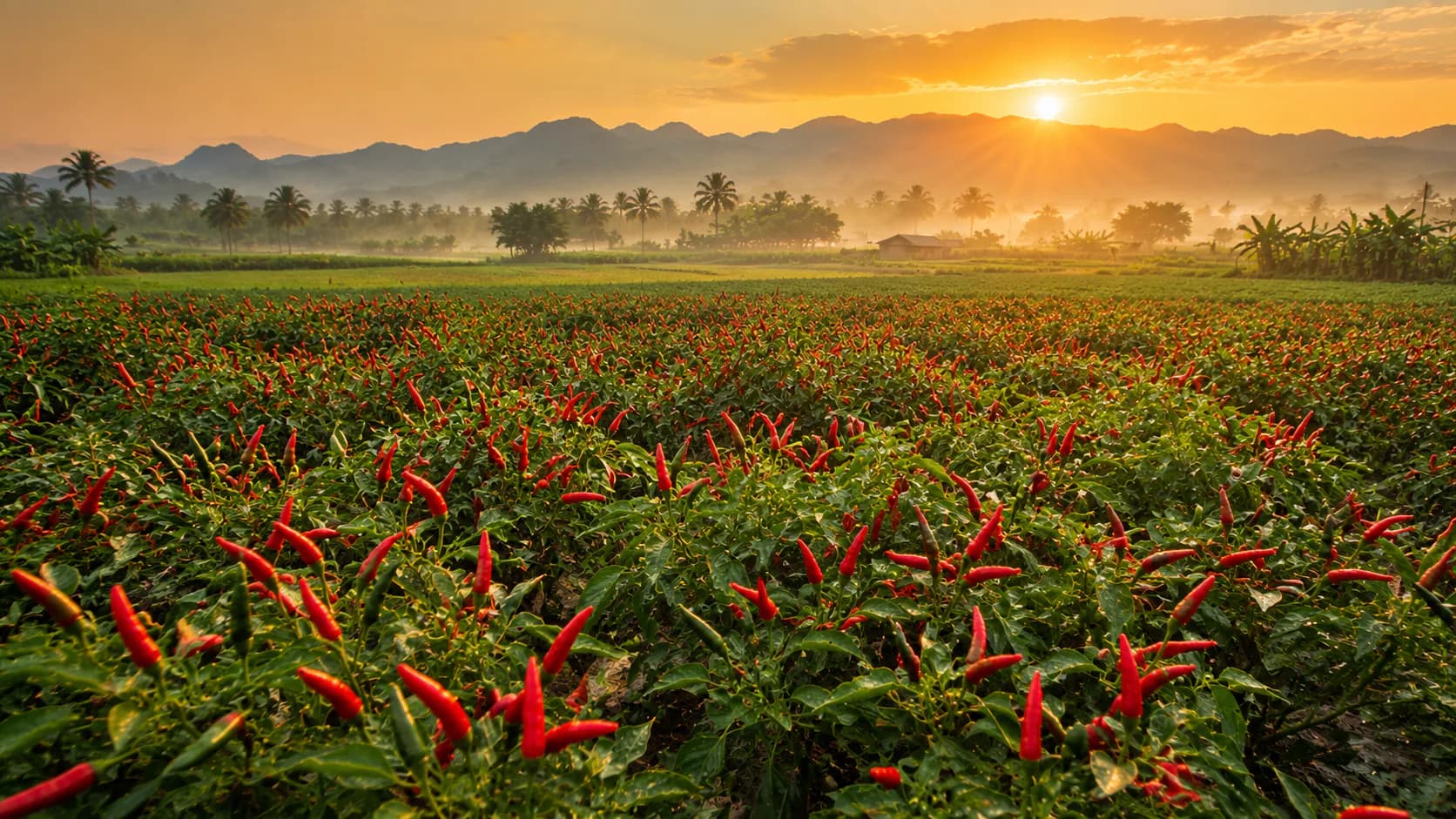 Rows of ripe red chillies growing in a field at sunset