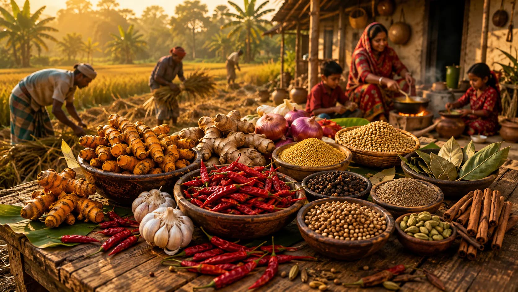 A market table filled with chillies, turmeric, garlic, onions and whole spices