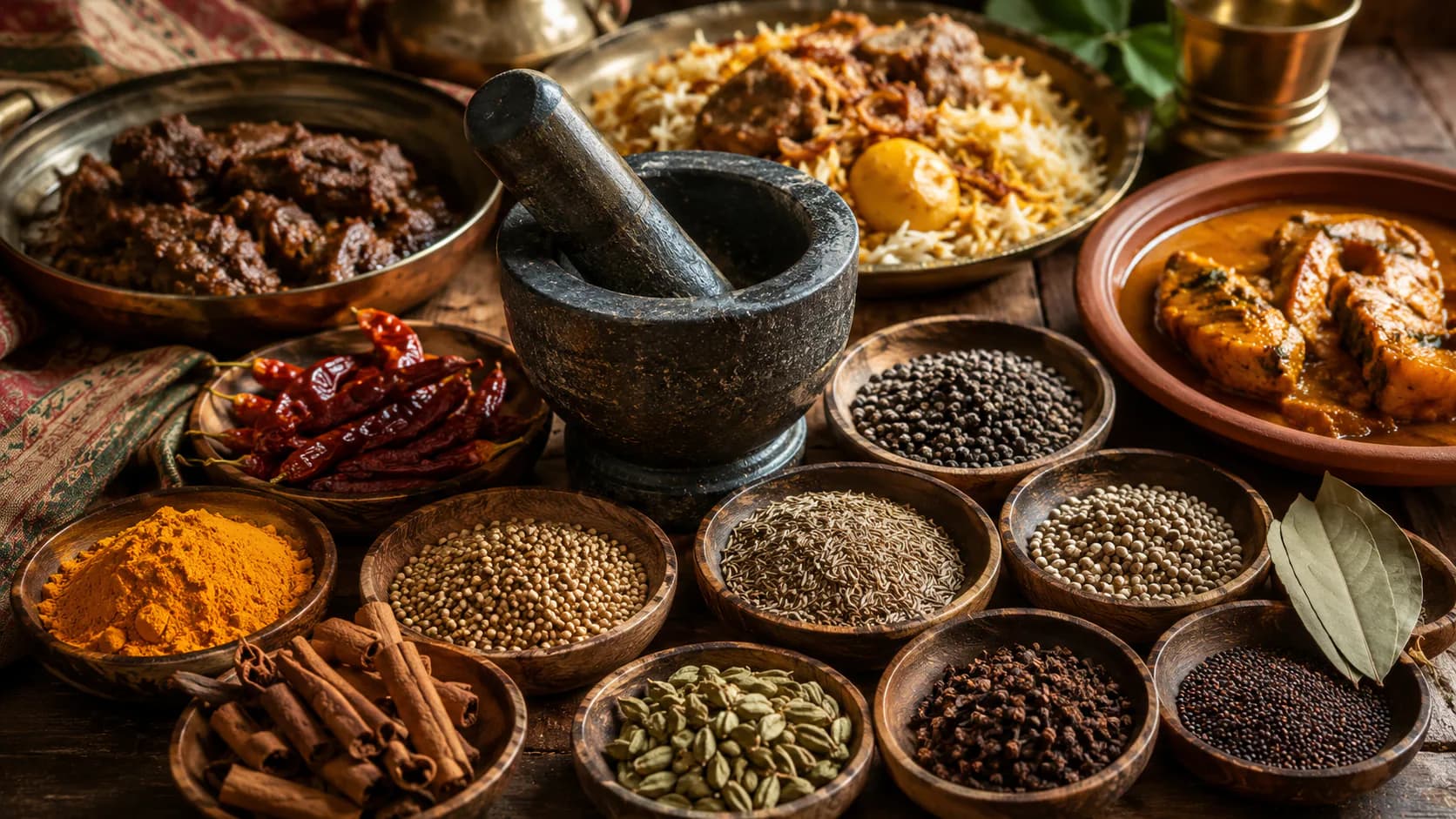 A stone mortar surrounded by bowls of whole and ground spices