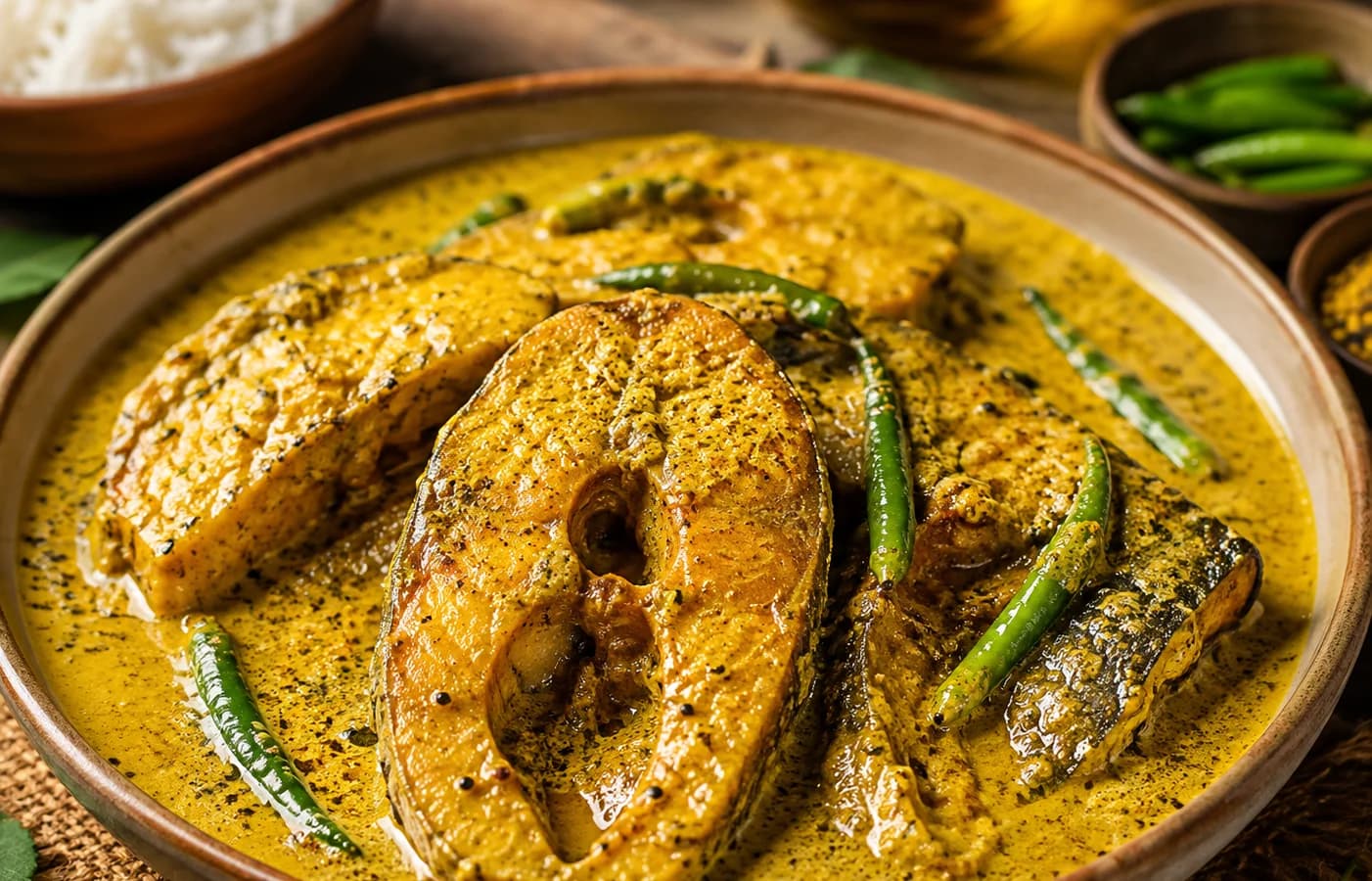 Rohu fish pieces in golden mustard gravy with green chillies