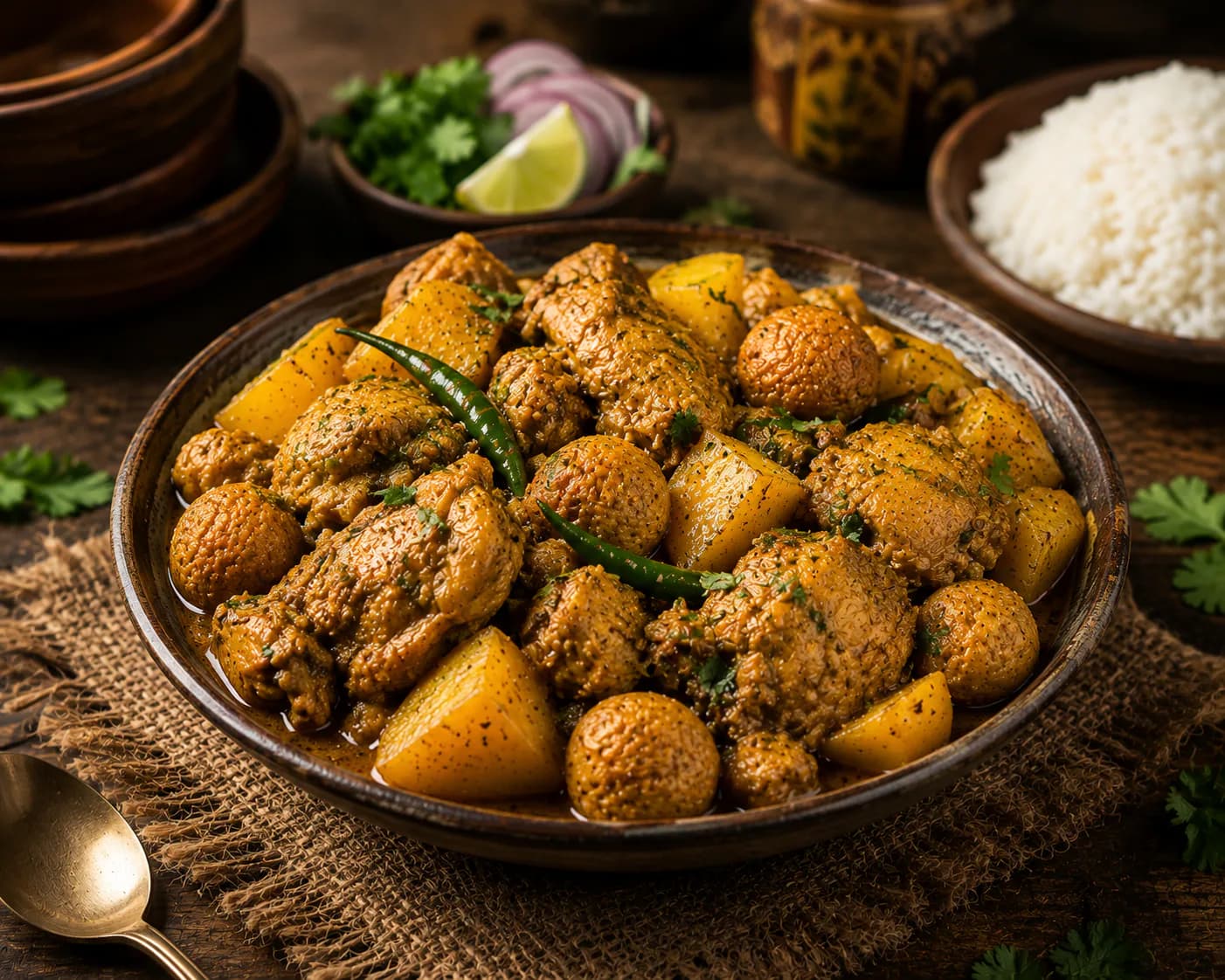 Potato and lentil bori cooked in a spiced chicken ghonto