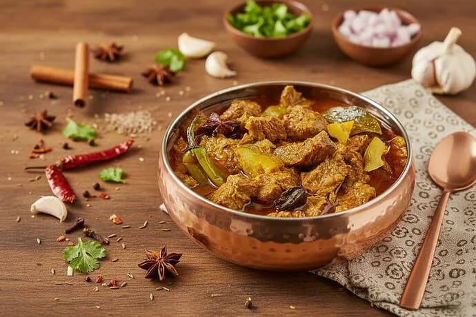 Beef with shatkora in a brass bowl