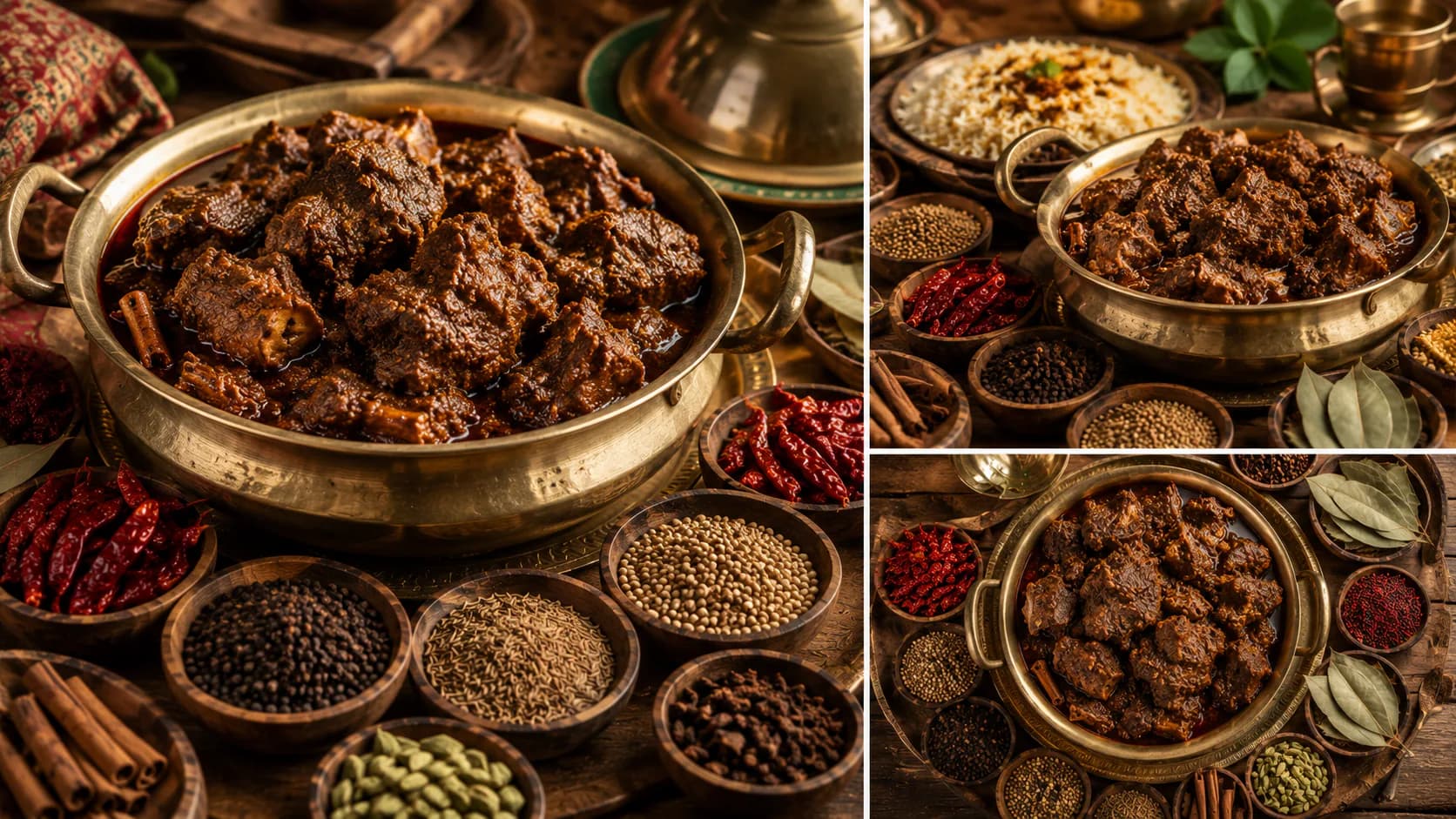 A dark Chattogram-style beef curry surrounded by bowls of spices