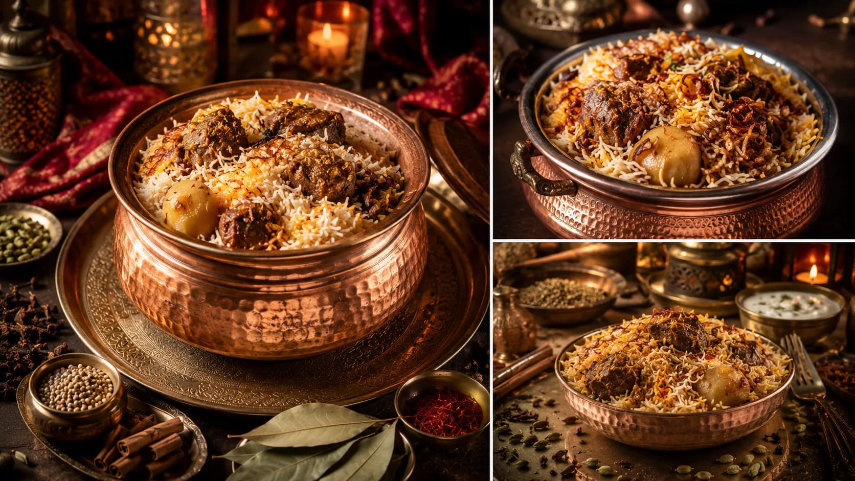 Kacchi biryani in a hammered copper handi with whole spices nearby
