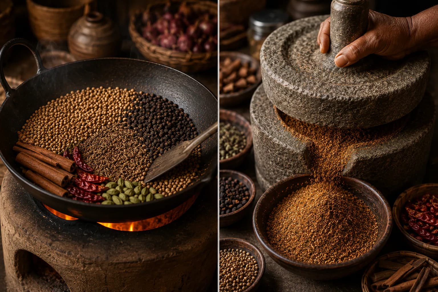 Whole spices roasting in a dark pan beside a grinding stone