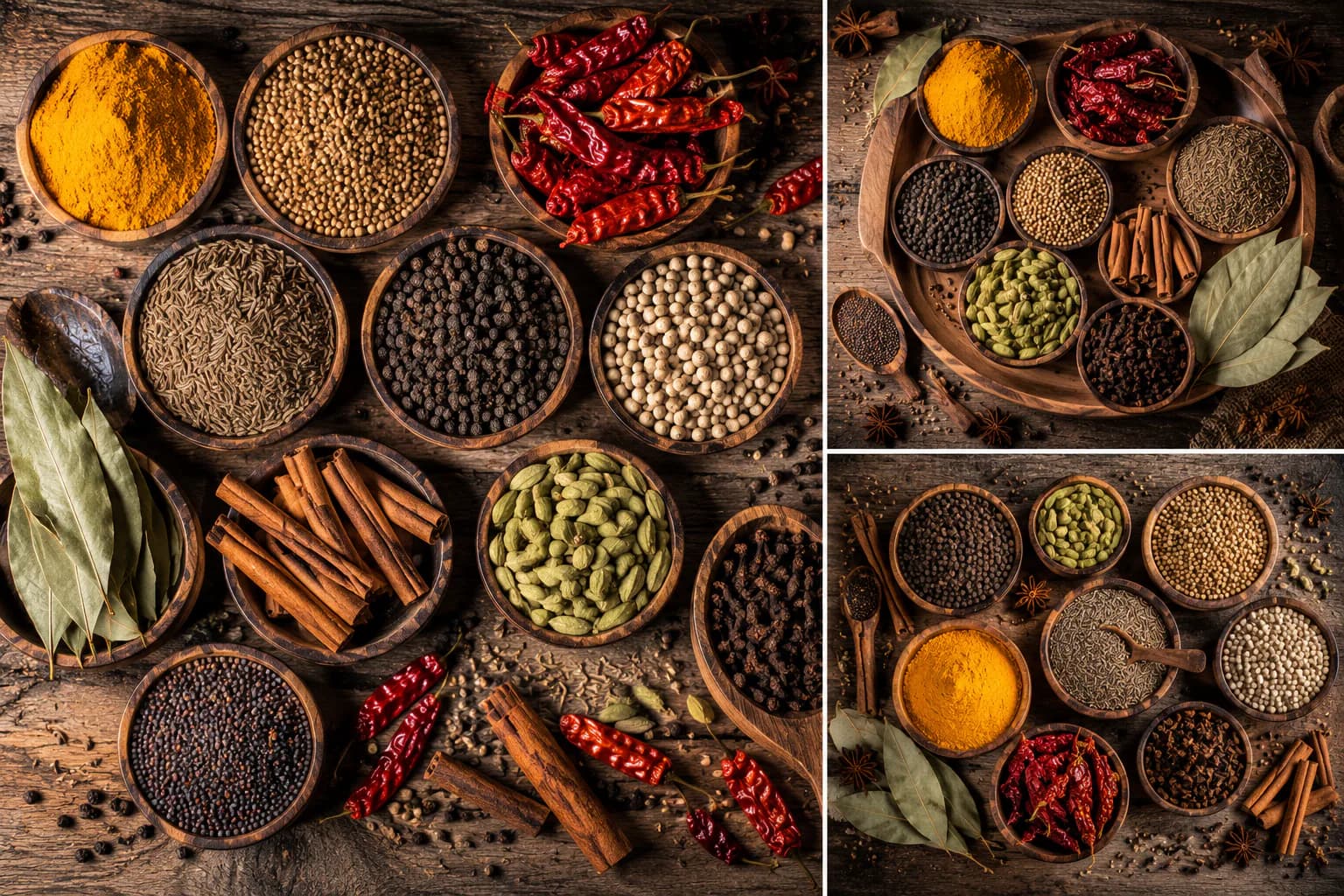 An overhead arrangement of whole spices in round bowls