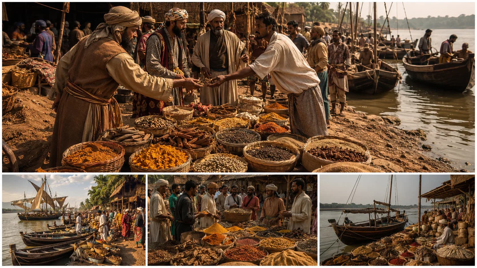 A historic riverside spice market illustrated in warm brown tones