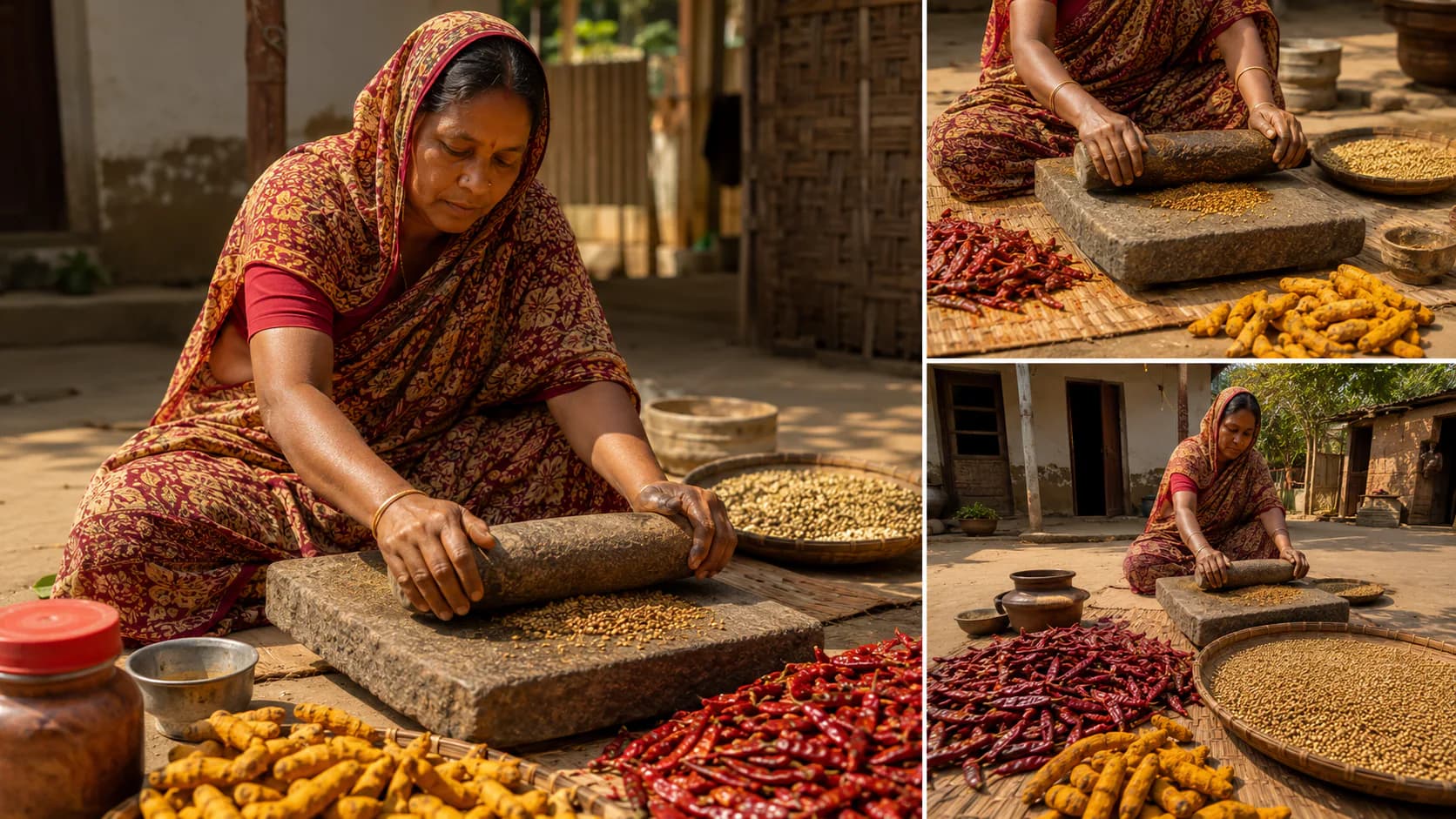 A cook grinding red chillies and spices on a traditional stone slab