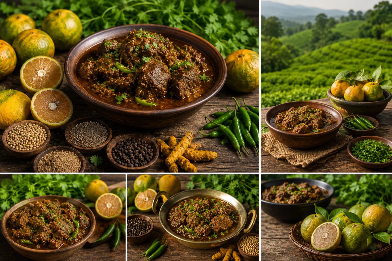 A Sylheti beef curry with green citrus beside a tea garden